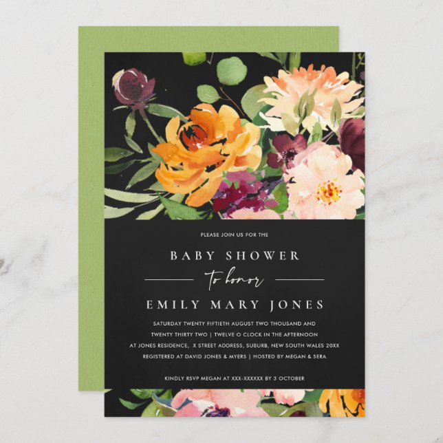 INVITATION BOHO BLACK BLUSH JAUNE ORANGE BABY SHOWER FLORAL (Devant / Derrière)