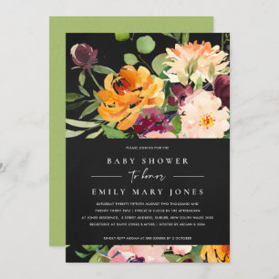 INVITATION BOHO BLACK BLUSH JAUNE ORANGE BABY SHOWER FLORAL