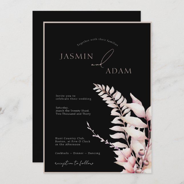Invitation Boho Black Soft Pink Simple Mariage (Devant / Derrière)