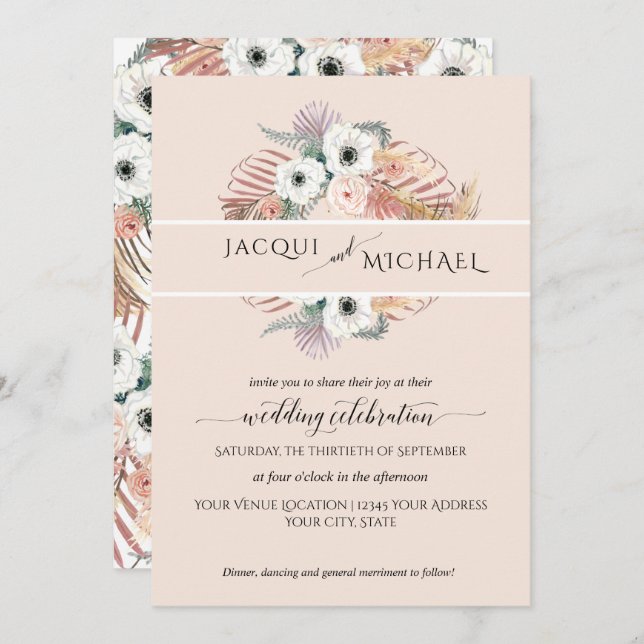 Invitation Boho Blanc Blush Floral Palm Folio Pampas Grass (Devant / Derrière)