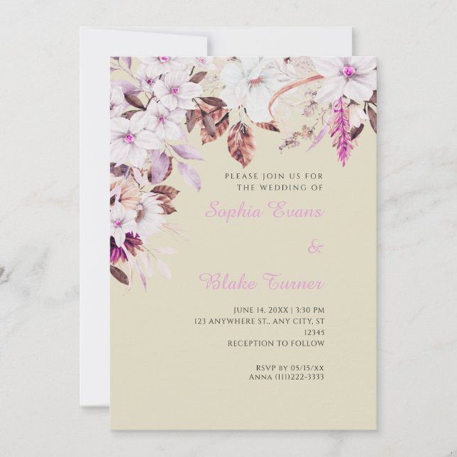 Invitation Boho Blanc et rose Floral Automne Bamboo Mariage (Devant)