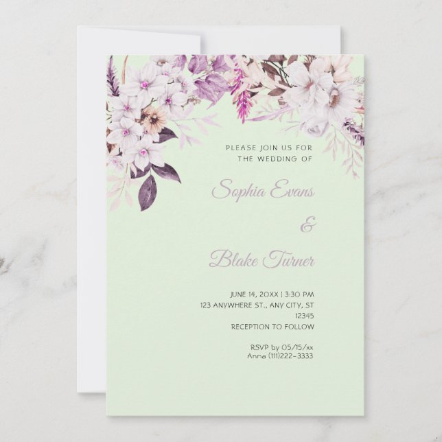 Invitation Boho Blanc Floral Hiver Vert clair Mariage (Devant)