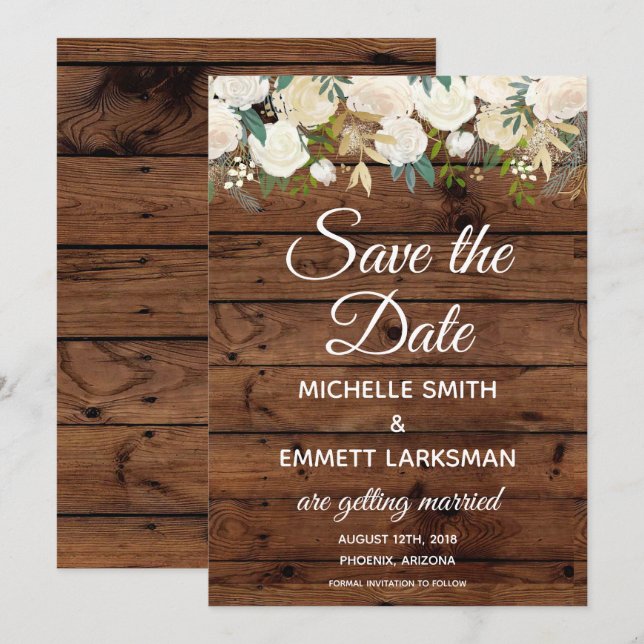Invitation Boho blanc Floral Rustic Gold Enregistrer la date (Devant / Derrière)