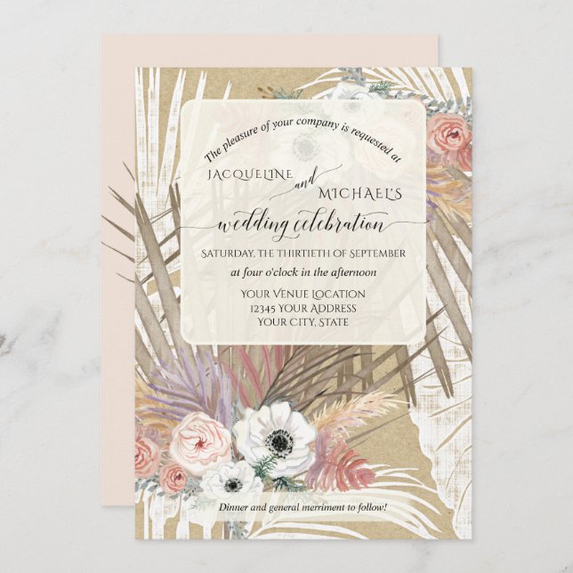 Invitation BOHO Blanc Floral Rustique Pampas Grass Tropical (Devant / Derrière)