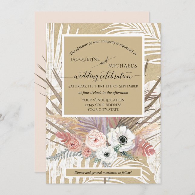 Invitation BOHO Blanc Floral Rustique Pampas Grass Tropical (Devant / Derrière)