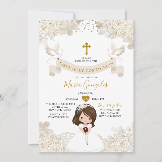 Invitation Boho Blanc Ivoire Fleur Fille Première Sainte Comm (Devant)