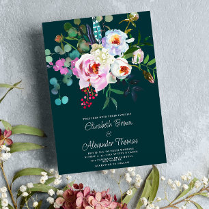 Invitation Boho blanc rose forêt vert peony mariage floral