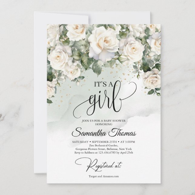 Invitation Boho blanc roses eucalyptus et or C'est une fille (Devant)