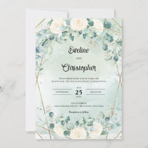Invitation Boho blanc roses eucalyptus faux cadre or