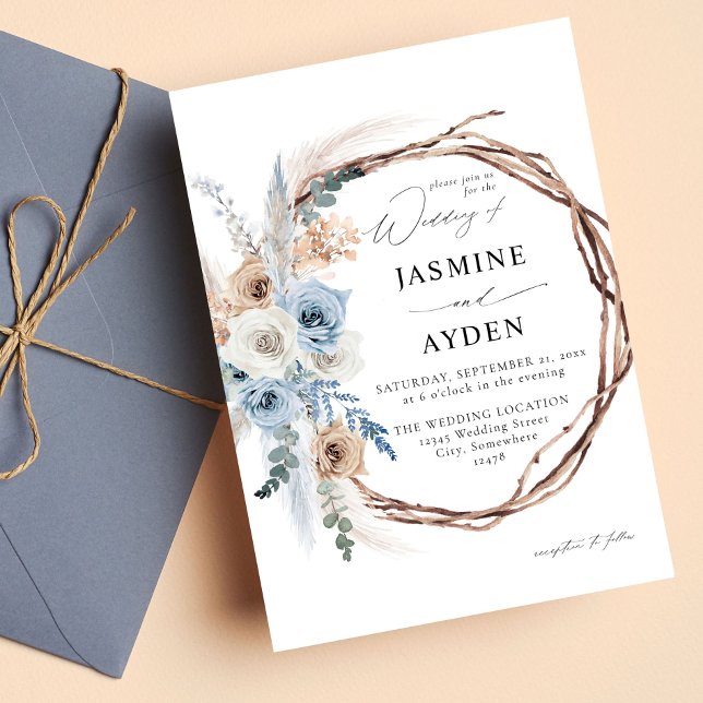 Invitation Boho bleu et beige Mariage de couronnes florales (Créateur téléchargé)