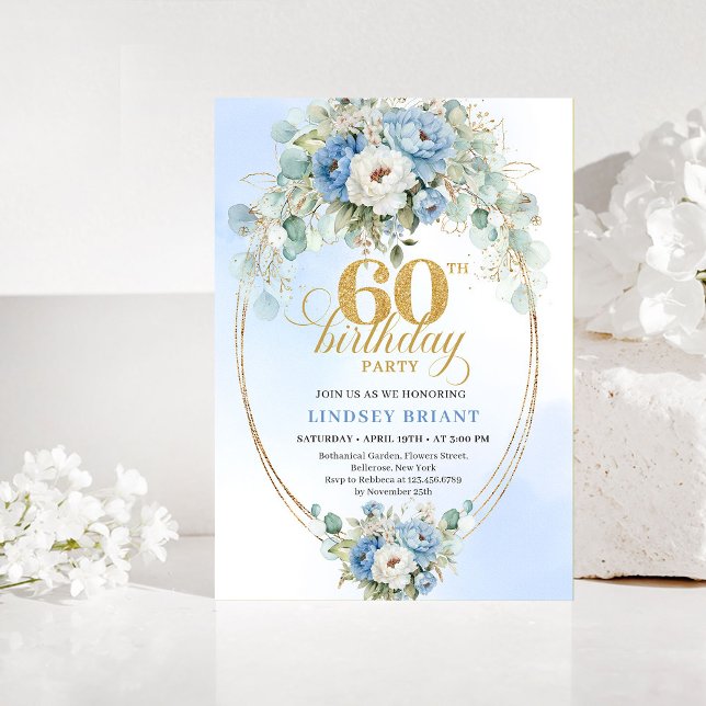 Invitation Boho bleu et pivoine florale chic 60e anniversaire (Blue and gold peony floral chic 60th birthday invitation

)