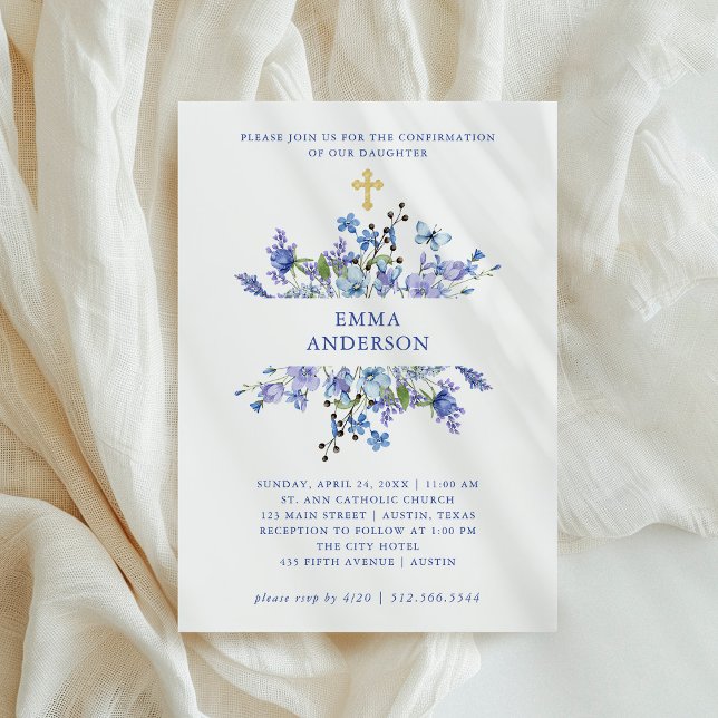 Invitation Boho bleu et violet | Confirmation florale (Créateur téléchargé)