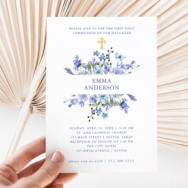 Invitation Boho bleu et violet | Première communion sainte fl (Créateur téléchargé)