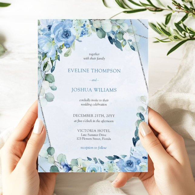 Invitation Boho bleu fleuri eucalyptus et argent mariage (Winter blue flowers mixed eucalyptus greenery and silver glitter frame wedding invitation digital)