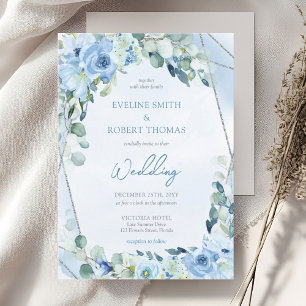 Invitation Boho bleu fleuri eucalyptus et argent mariage