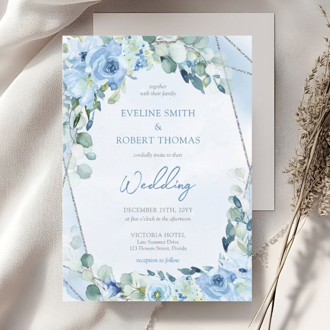 Invitation Boho bleu fleuri eucalyptus et argent mariage (Boho light blue flowers mixed fresh eucalyptus and silver glitter frame wedding invitation)