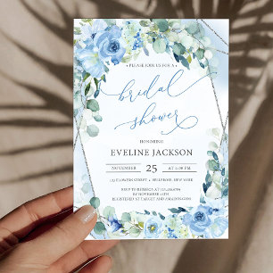 Invitation Boho bleu fleurs eucalyptus argent Fête des mariée