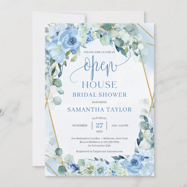 Invitation Boho bleu fleurs eucalyptus or Open House (Devant)