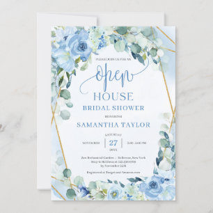 Invitation Boho bleu fleurs eucalyptus or Open House