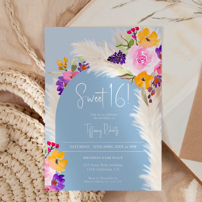 Invitation Boho bleu floral pampas désert arche Sweet 16 (Boho blue floral pampas desert arch Sweet 16 Invitation)