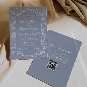Invitation Boho Bleu Floral Poussiéreux Code QR Botanique Mar