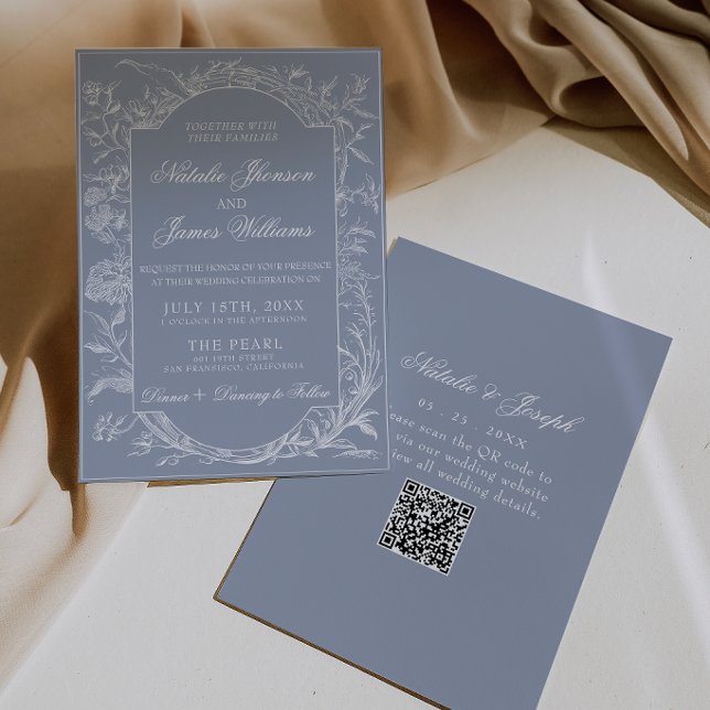 Invitation Boho Bleu Floral Poussiéreux Code QR Botanique Mar (Créateur téléchargé)