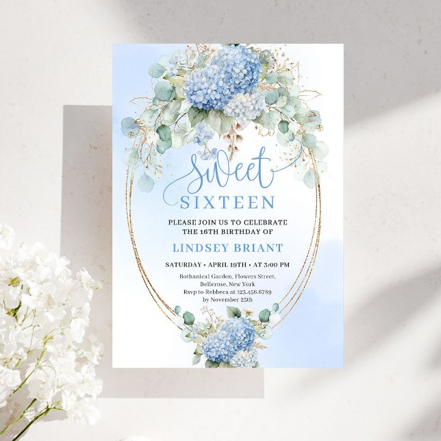 Invitation Boho Bleu Hydrangea Or pour un Sweet Si (Boho Blue Hydrangea Gold Sweet Sixteen Invitation)