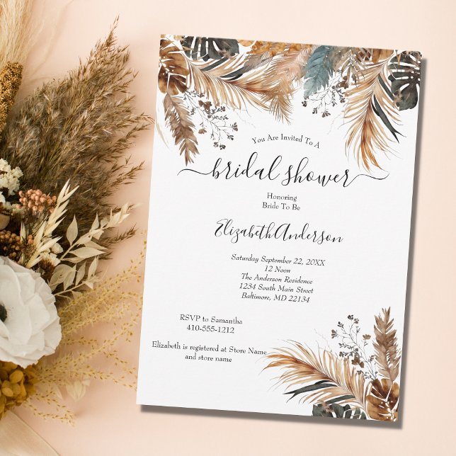 Invitation Boho Bleu Marron Herbe de Pampas Feuilles de Palmi (Créateur téléchargé)