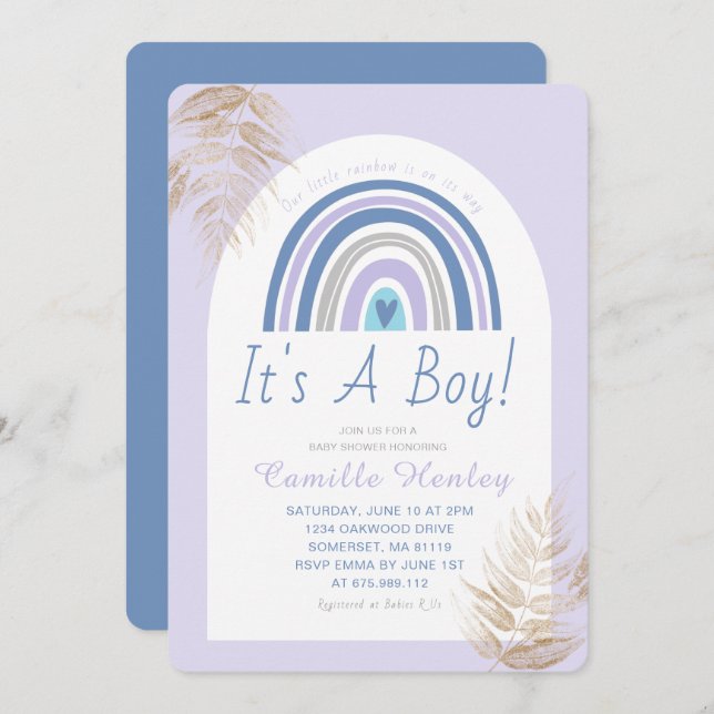 Invitation Boho bleu moderne arc-en-ciel C'est un Baby shower (Devant / Derrière)