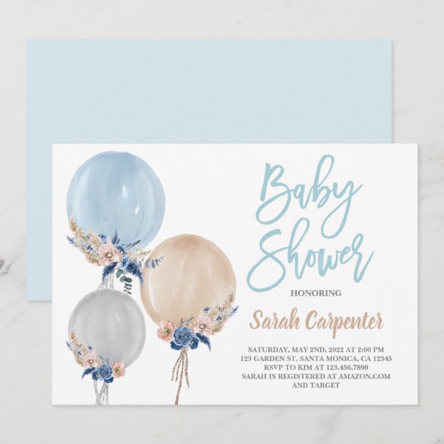 Invitation Boho bleu poussiéreux baby shower ballons garçon (Devant / Derrière)