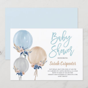 Invitation Boho bleu poussiéreux baby shower ballons garçon