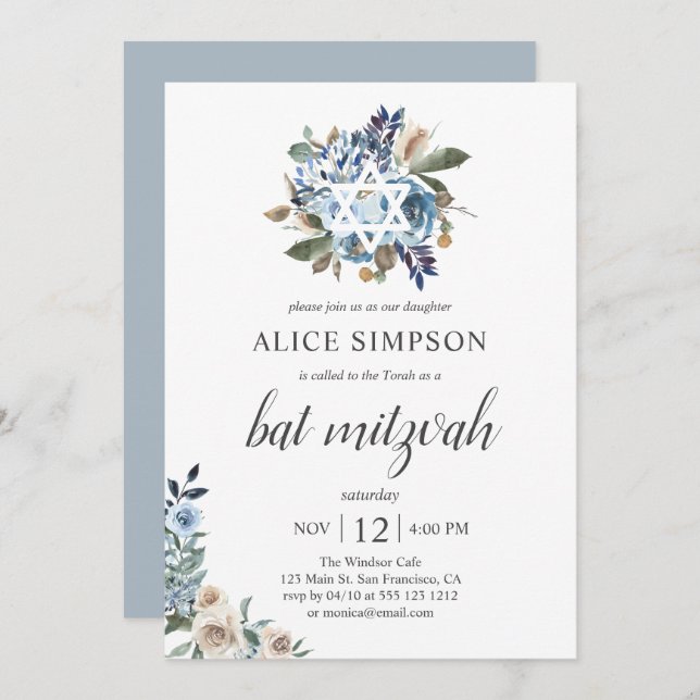 Invitation Boho Bleu Poussiéreux Fleurs Beige Bat Mitzvah (Devant / Derrière)