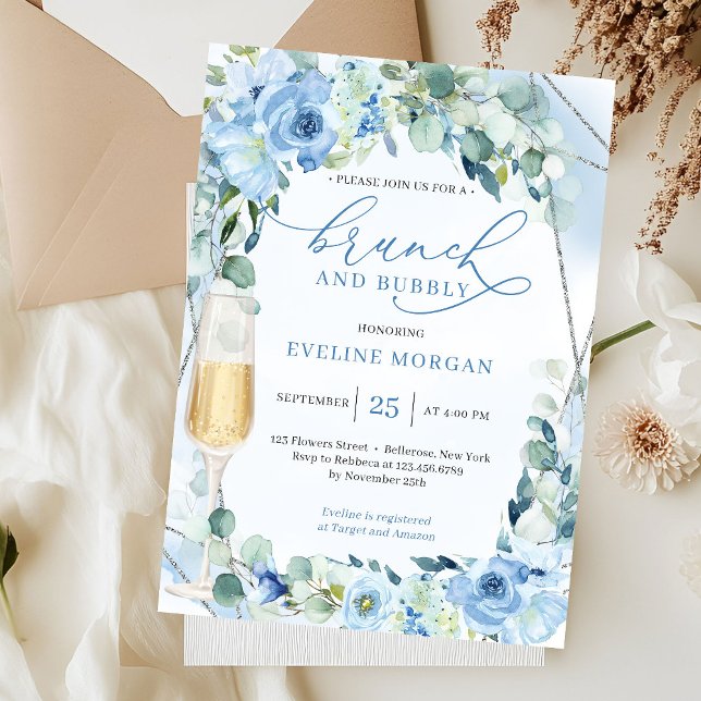 Invitation Boho bleu poussiéreux fleurs verdure brunch et mou (modern watercolor light pastel blue flowers eucalyptus silver brunch and bubbly invitation)