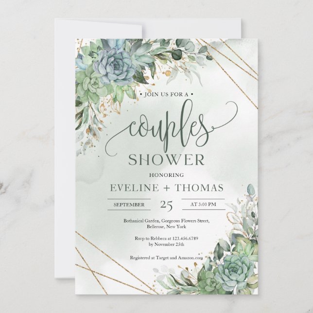 Invitation Boho bleu poussiéreux vert succulent couples douch (Devant)