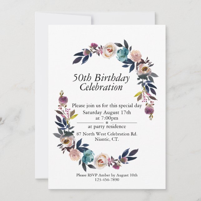 Invitation Boho bleu rose bleu personnalisable 50e anniversai (Devant)