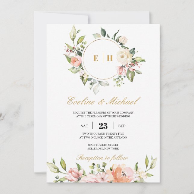 Invitation Boho bleu rose floral monogramme initiales mariage (Devant)