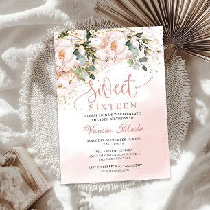 Invitation Boho bleu rose floral or feuille sweet sixteen