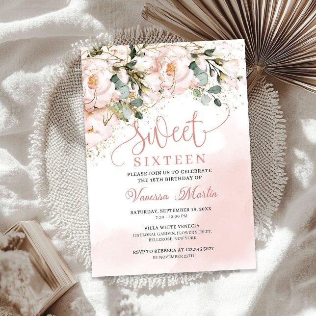 Invitation Boho bleu rose floral or feuille sweet sixteen (Boho blush pink floral gold leaves sweet sixteen invitation)