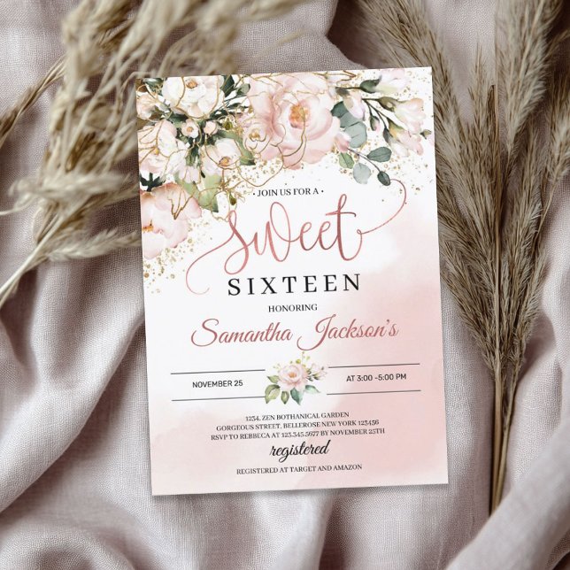 Invitation Boho bleu rose floral or feuille sweet sixteen (Boho blush pink floral gold leaves sweet sixteen invitation)