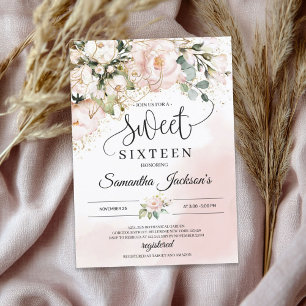 Invitation Boho bleu rose floral or feuille sweet sixteen