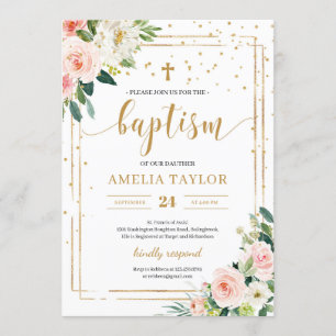Invitation Boho bleu rose floral or parties scintillant baptê