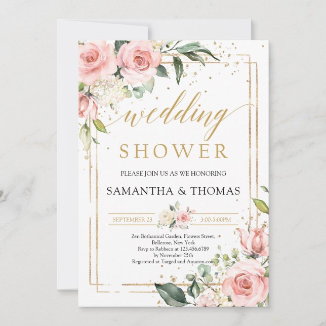 Invitation Boho bleu rose floral or wedding shower (Devant)