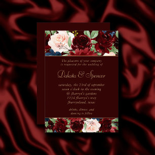 Invitation Boho Bloom Dark Elegant Bourgogne Rouge et Marin