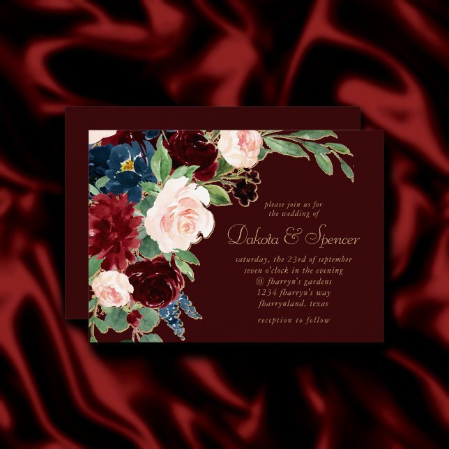 Invitation Boho Bloom | Dark Elegant Roses rouge et bleu (Créateur téléchargé)