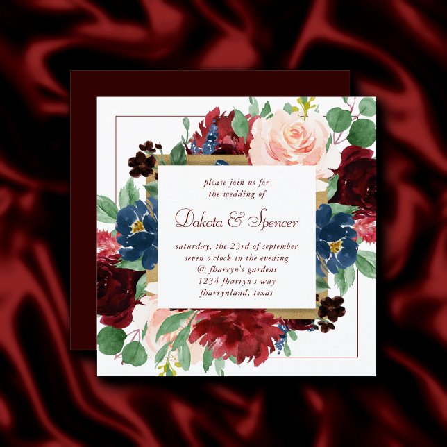 Invitation Boho Bloom | Elégant cadre Carré rouge Bourgogne (Créateur téléchargé)