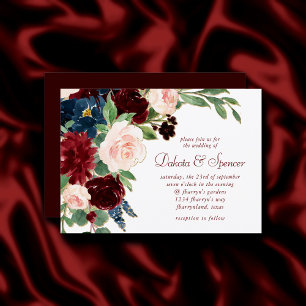 Invitation Boho Bloom   Elégant rouge Bourgogne et bleu marin