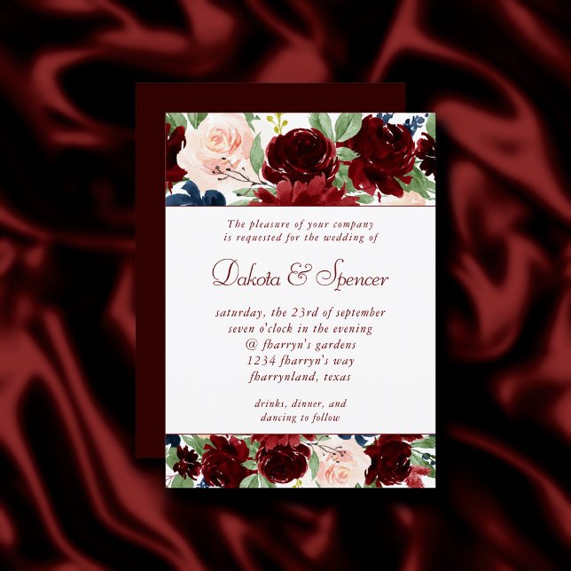 Invitation Boho Bloom | Elegant rouge foncé et marine Garland (Créateur téléchargé)