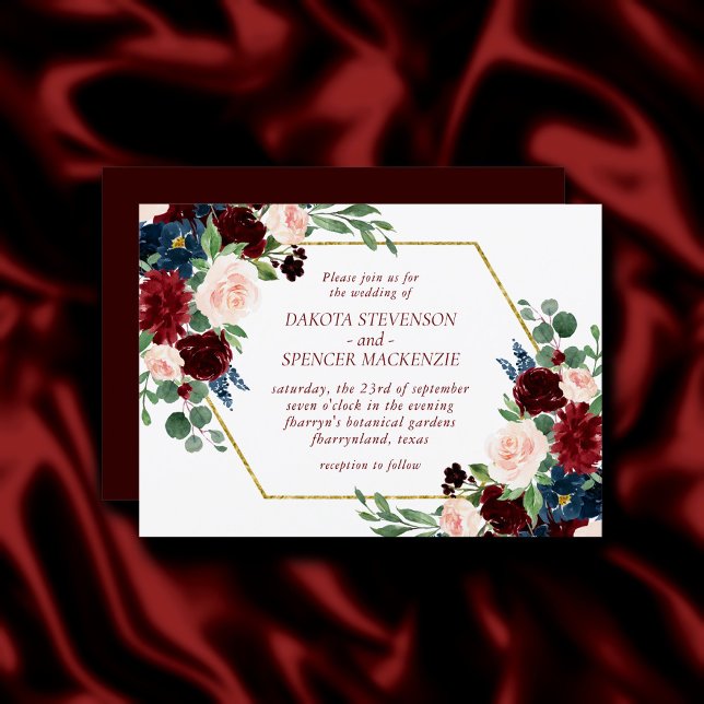 Invitation Boho Bloom | Elégante Marsala Rouge Floral Gold Fr (Créateur téléchargé)
