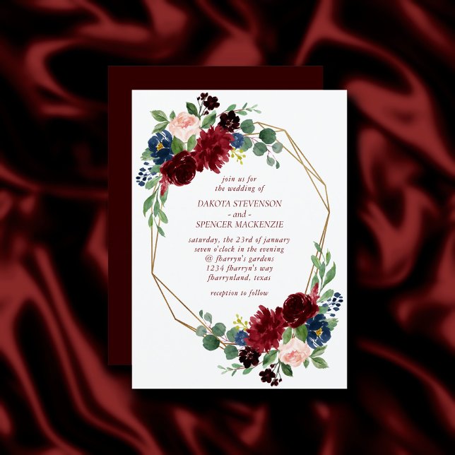 Invitation Boho Bloom | Elégante Marsala Rouge Floral Gold Fr (Créateur téléchargé)