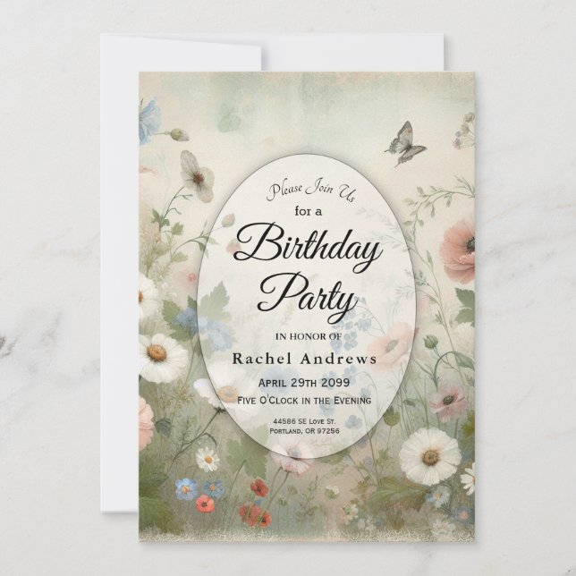 Invitation Boho Blooms et Vintages Blossoms fête d'anniversai (Devant)